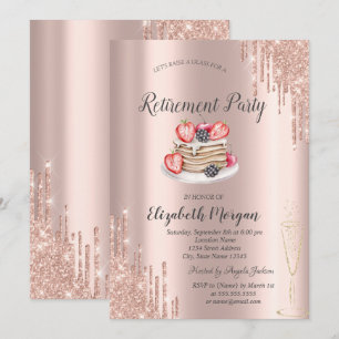Convites Panquecas Rose Gold Glitter Drips Aposentadoria