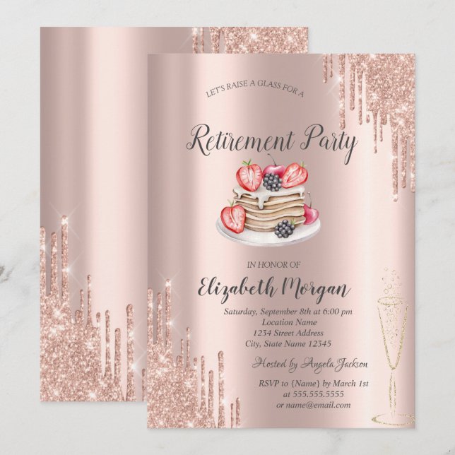 Convites Panquecas Rose Gold Glitter Drips Aposentadoria (Frente/Verso)