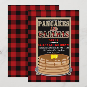 Convites Panquecas Rústicas & Pijamas Plaid Preto Vermelho 