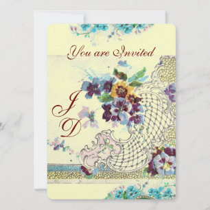 Convites Pansias de Casamento Branca de Azul Floral-Cor-de-