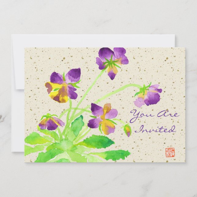 Convites Pansies de Watercolor Painting Purple Yellow Washi (Frente)