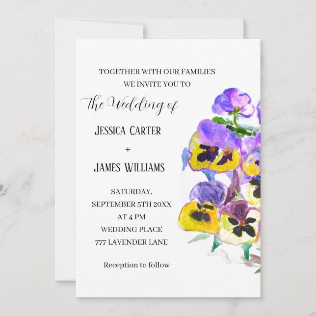 Convites Pansies Pansy Floral Watercolor Casamento (Frente)