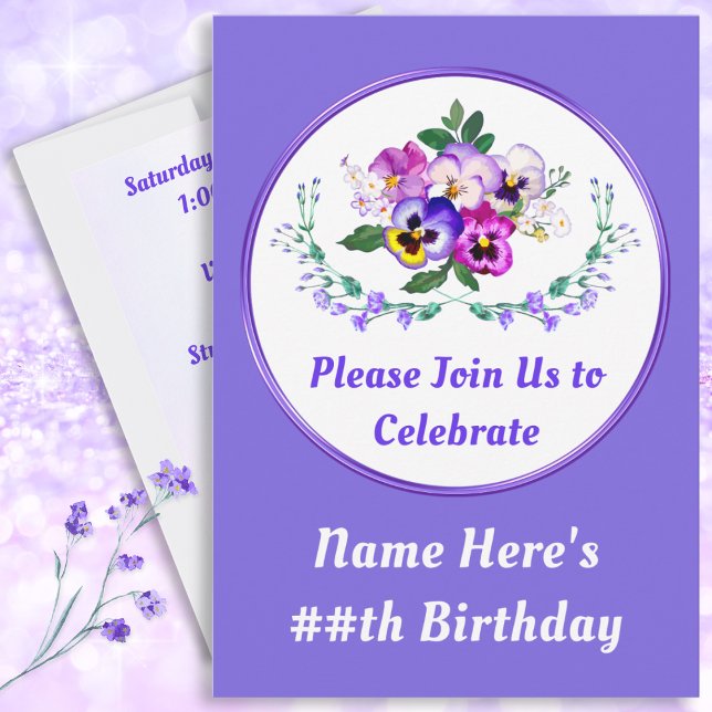 Convites Pansíveis, Convites Bonito de Aniversário (Purple, Pansy Invitations. Personalized, Birthday Invitations with Photo. Custom, Pansies Birthday.)
