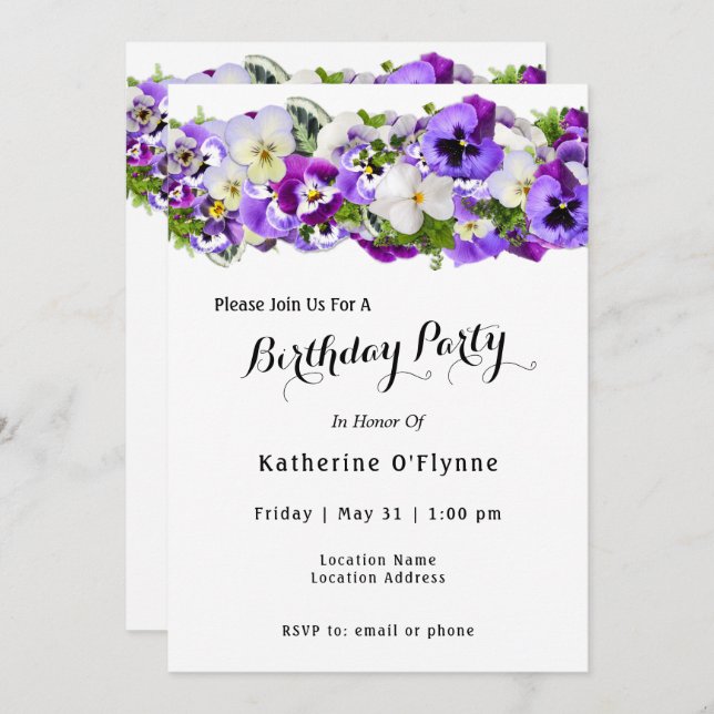 Convites Pansy Birthday (Frente/Verso)