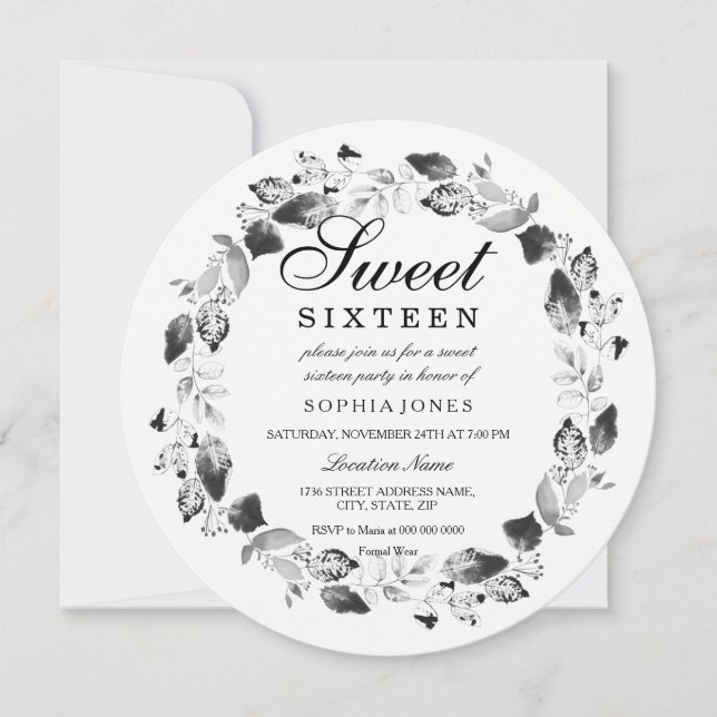 Convites Pão Branco e Preto Elegante Wreath Sweet 16 Invite (Frente)