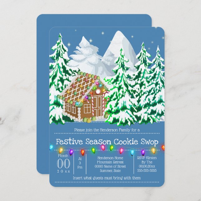 Convites Pão de gengibre lenha neve luzes brilhantes (Frente/Verso)