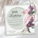 Convites Papagaio Rosa Tropical e Sage Floral 50º Aniversár<br><div class="desc">Planeje uma inesquecível celebração de 50 anos (ou qualquer outra idade) com um tema tropical boho maravilhoso que é tão feminino! Este único convite quadrado tem um papagaio rosa exótico sentado sobre um buquê de flores tropicais exuberantes que incluem proteína roxa e orquídeas com vinhas rasteiras e verde. Um quadro...</div>