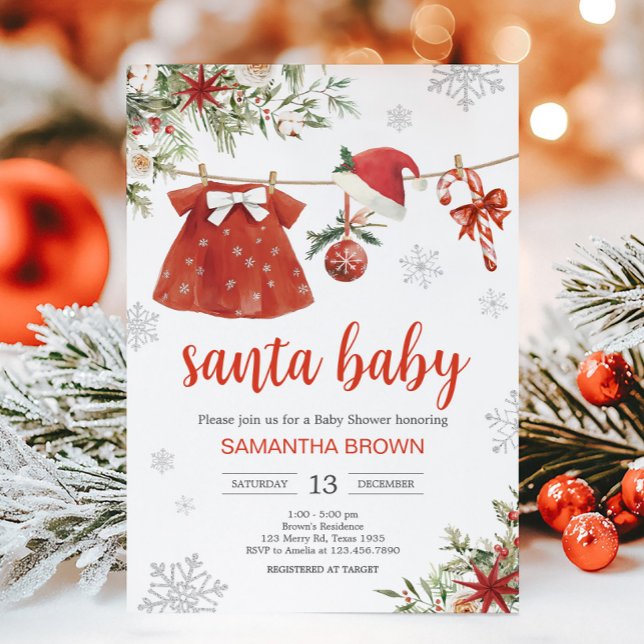 Convites Papai noel de Natal da Red Girl (Santa Baby Clothesline Baby Shower Invitation)