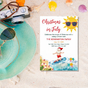 Convites Papai Noel de Verão Natal na Praia Tropical em Jul