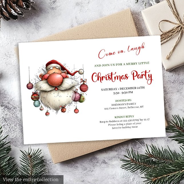 Convites Papai Noel Excêntrico Clássico Vermelho Verde Feri (Quirky Santa Claus Classic Red Green Holiday Invite)
