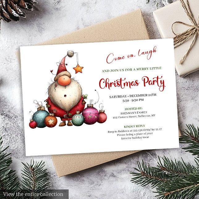 Convites Papai Noel Extravagante Vermelho Verde Festa  (Playful Quirky Santa Classic Red Green Party Invite)