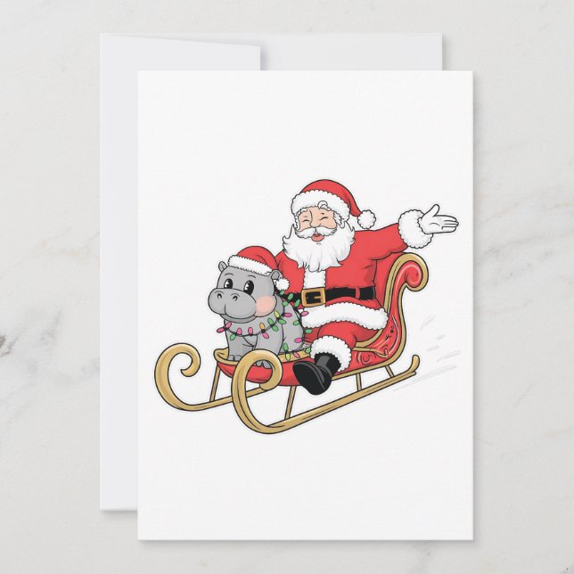 Convites Papai Noel pilotando trenó com um hipopótamo bebê  (Frente)