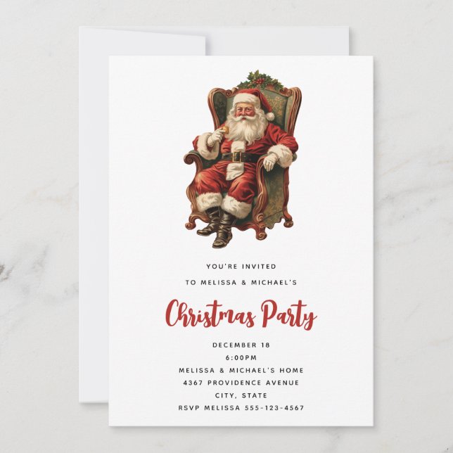 Convites Papai Noel retrô sentado em uma cadeira de Natal (Frente)