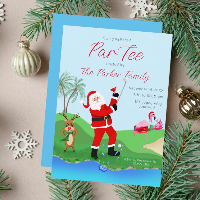 Convites Papai Noel se divertindo fora d'água com festa Mar (Swing into festive fun with our 'Par-Tee This Christmas!' invitation!)
