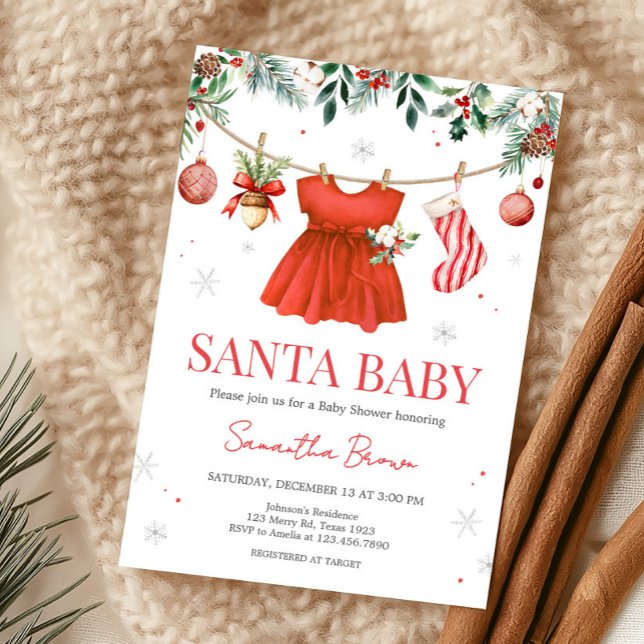 Convites Papai noel Vermelho Chá de fraldas de Natal (Santa Baby Clothesline Baby Shower Invitation)