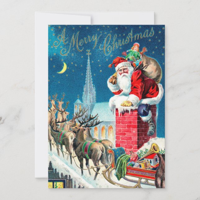 Convites Papai Noel Vitoriano de Natal Antigo na Chaminé (Frente)