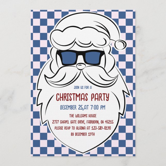 Convites Papai Noel Xadrez Azul e Rosa Retrô Natal (Frente)