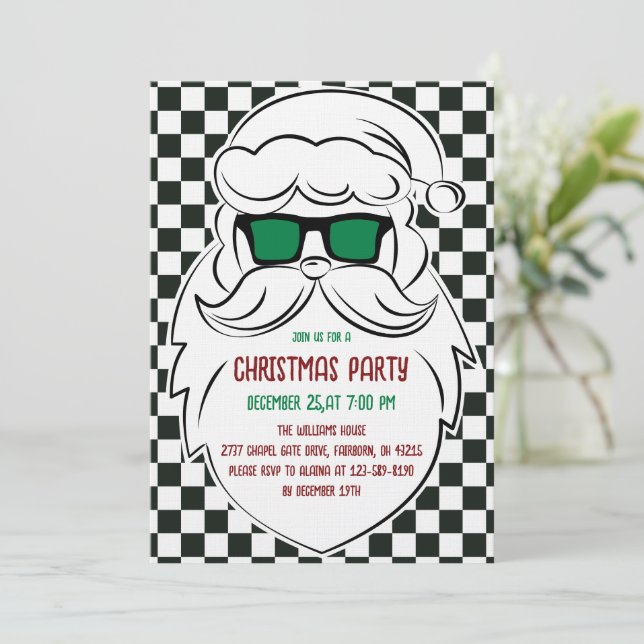 Convites Papai Noel Xadrez Preto e Branco Retrô Natal  (Em pé/Frente)