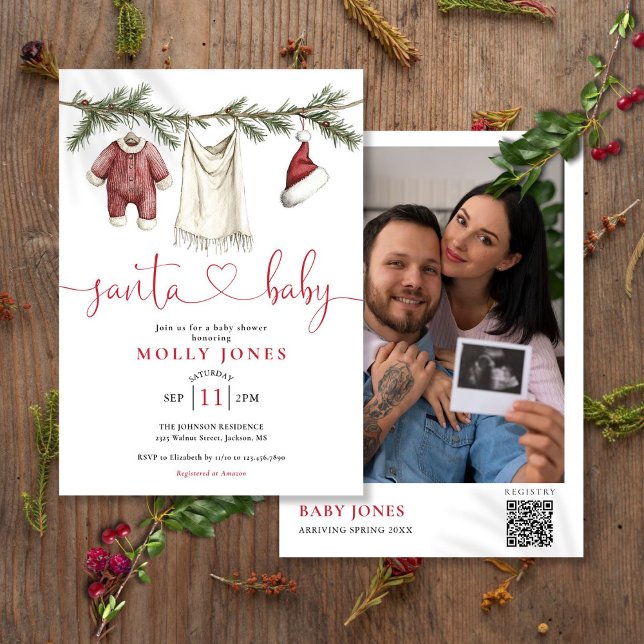 Convites Papais noeis Baby Clothesline Photo QR Code Chá de (Santa Baby Clothesline Photo QR Code Baby Shower Invitation)