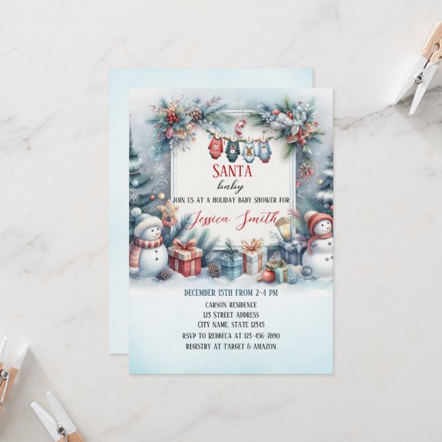 Convites Papais noeis Chá de fraldas de inverno de Natal (Frente/Verso In Situ)