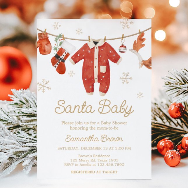 Convites Papais noeis Chá de fraldas de Natal (Santa Baby Clothesline Christmas Baby Shower Invitation)