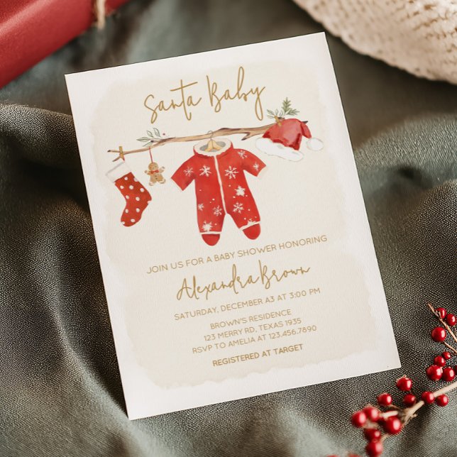 Convites Papais noeis Chá de fraldas de Natal (Santa Baby Clothesline Christmas Baby Shower Invitation)