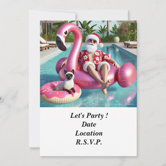 Convites Papais noeis com Natal de gato na Festa de Piscina (Frente)