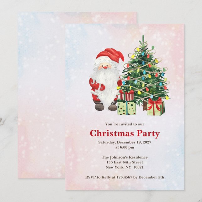 Convites Papais noeis de aquarela e Árvore de Natal com pre (Frente/Verso)