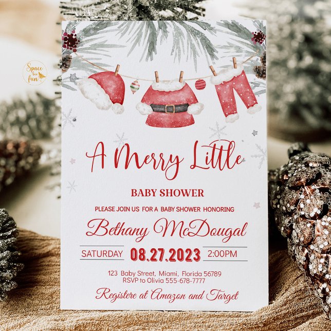 Convites Papais noeis de Chá de fraldas pequeno feliz (A Christmas baby shower invitation with a vintage Santa, festive red and green colors, and the phras)