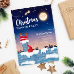 Convites Papais noeis engraçados ilustração da festa de Nat<br><div class="desc">Um divertido convite de festas de ilustração de Natal, com um céu verde-marinho noturno, com luas brilhantes, lágrimas e estrela cadente e neve caindo com prédios da cidade e luz e um teto azul com pilha de neve e Papai Noel presos na chaminé com o saco vermelho de brinquedo, com...</div>