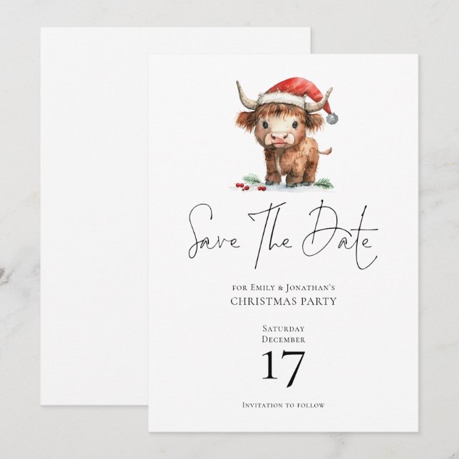 Convites Papais noeis Highland Cow Christmas Salvar data (Frente/Verso)