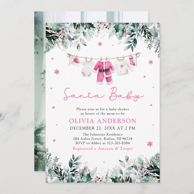 Convites Papais noeis rosa Chá de fraldas de Clothline de N (Frente/Verso)