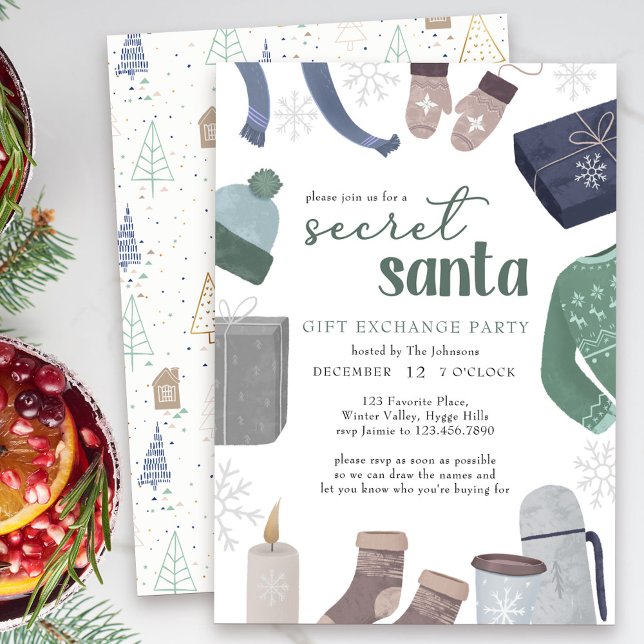 Convites Papais noeis secretos Cozy Winter Gift Exchange Pa (Secret Santa Holiday Gift Exchange Party Invitation)