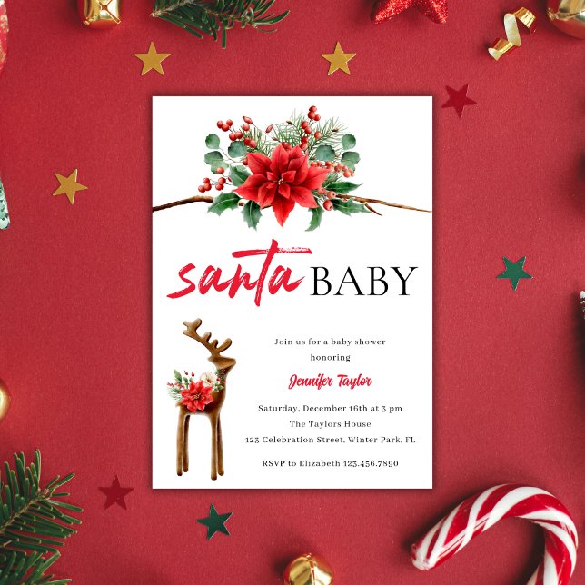 Convites Papais noeis vermelhos brancos Natal bebê Chá de f (Greenery Red Santa Baby Christmas Baby Shower Invitation)