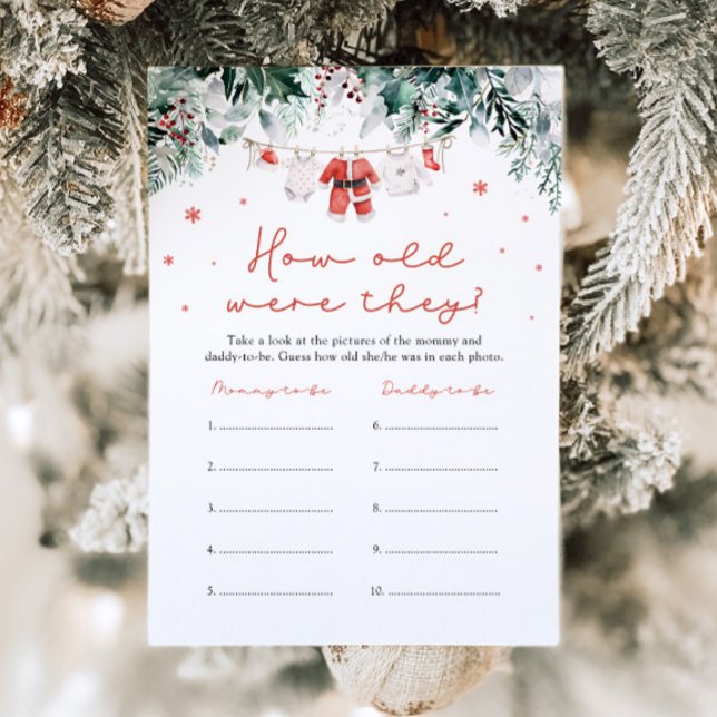 Convites Papais noeis Vermelhos De Natal Chá de fraldas Qua (Watercolor Cute Christmas Red Santa Baby Shower How Old Were They Game)