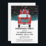 Convites Papais noeis vermelhos lindos Van Reindeer Cão Nev<br><div class="desc">Este belo e festivo convite de festas de Natal é perfeito para estabelecer o clima para o seu evento de férias. Apresenta uma carrinha de Papai Noel, vermelha e azul, de 70 anos, desenhada manualmente e pintada manualmente, com um motorista de renas de cachorro e presentes coloridos embalados em cima...</div>