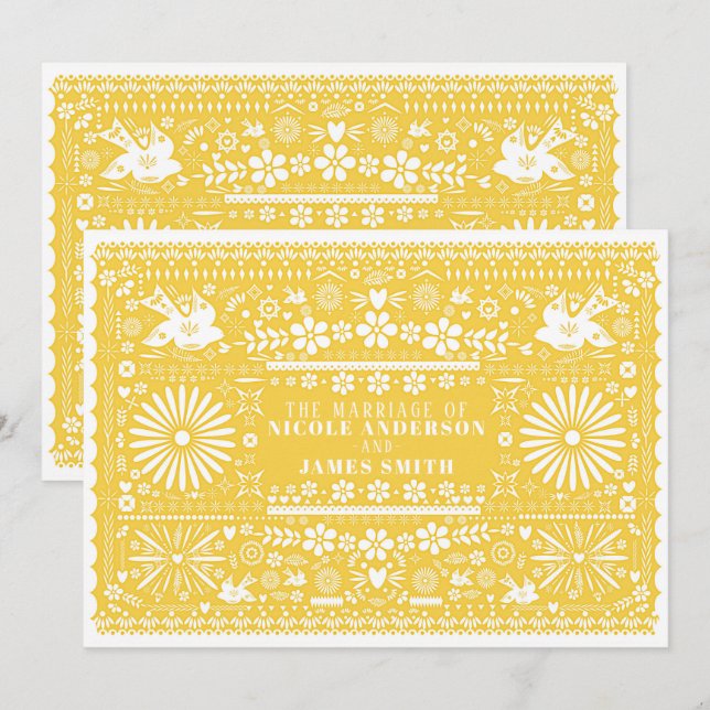 Convites Papel Amarelo Branco Picado Mexicano Casamento (Frente/Verso)