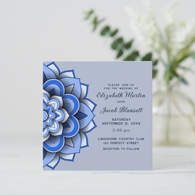 Convites Papel Azul Moderno corta Mandala Casamento (Em pé/Frente)