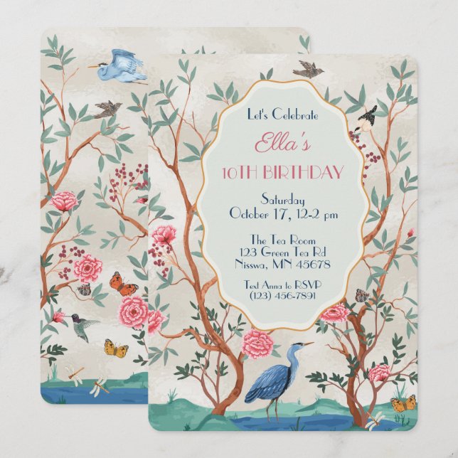 Convites Papel de Parede Chinoiserie com Garça em Folha Fal (Frente/Verso)