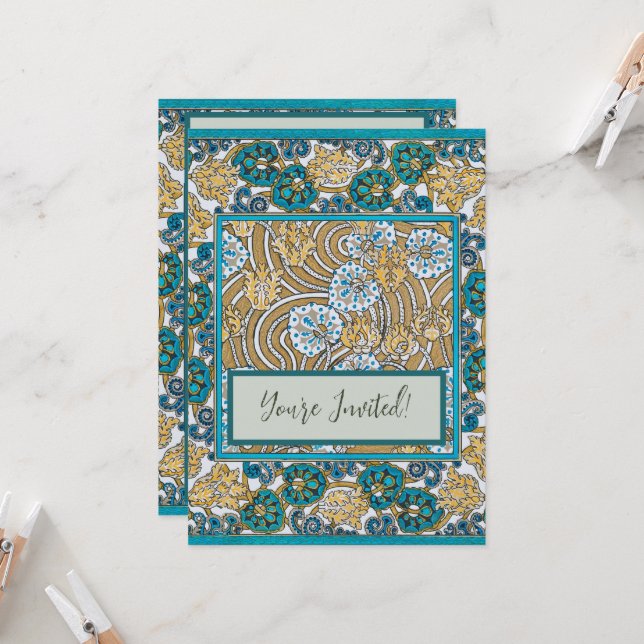 Convites papel de parede de flores azul-de-art-nouveau (Frente/Verso In Situ)