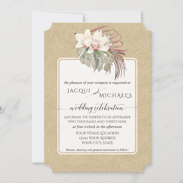 Convites Papel Kraft Folhas Tropicais Flor de Orquídea Bran (Frente)