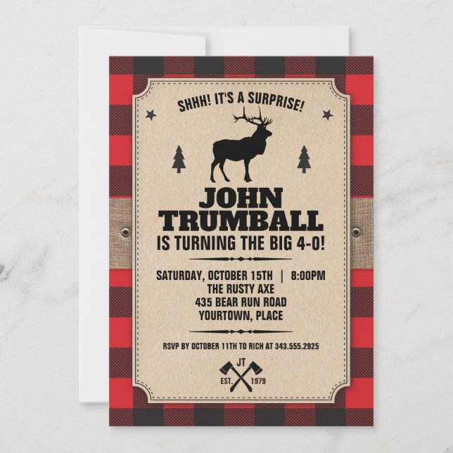 Convites Papel Kraft Rústico com Xadrez de Búfalo e Alce (Frente)