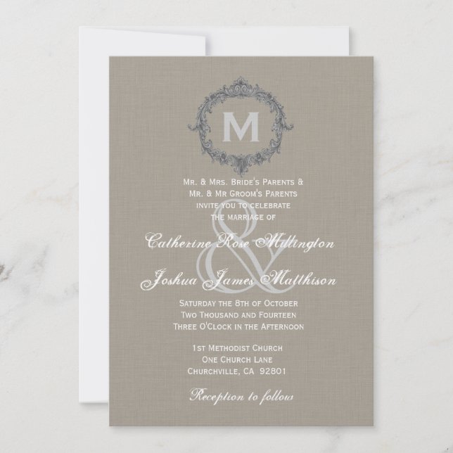 Convites Papel Linen de Casamento de Pebble e Cinza Monogra (Frente)