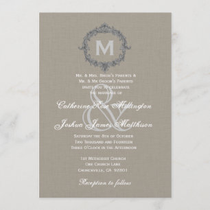 Convites Papel Linen de Casamento de Pebble e Cinza Monogra