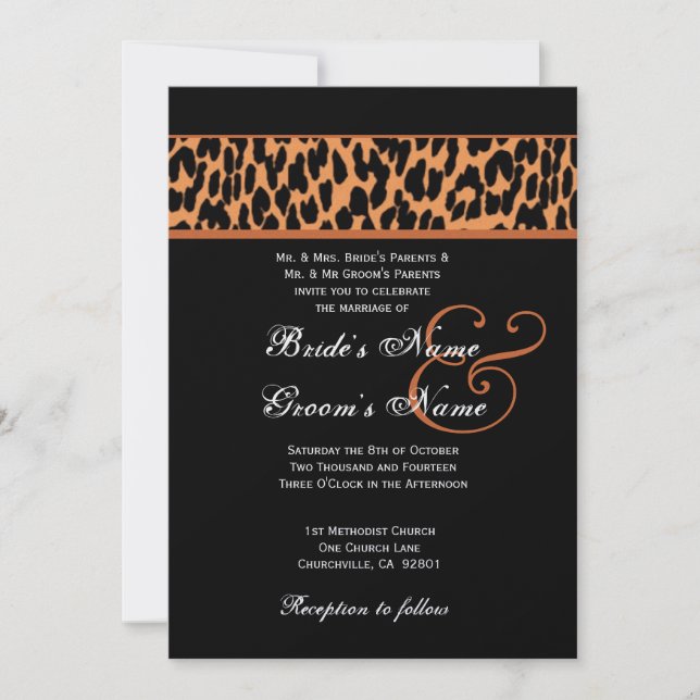 Convites Papel Metálico de Casamento de Leopardo Laranja e  (Frente)