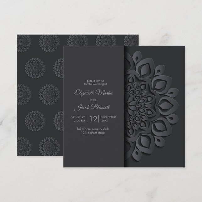Convites Papel Negro Moderno corta Casamento de Mandala Pee (Frente/Verso)