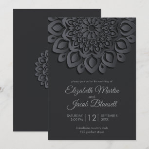 Convites Papel Negro Moderno corta Mandala Casamento