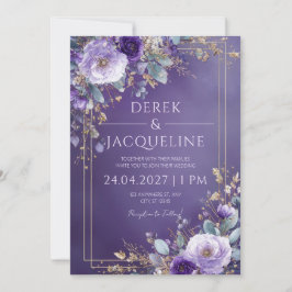 Convites Papel Ouro Roxo Real Lavanda Floral Casamento