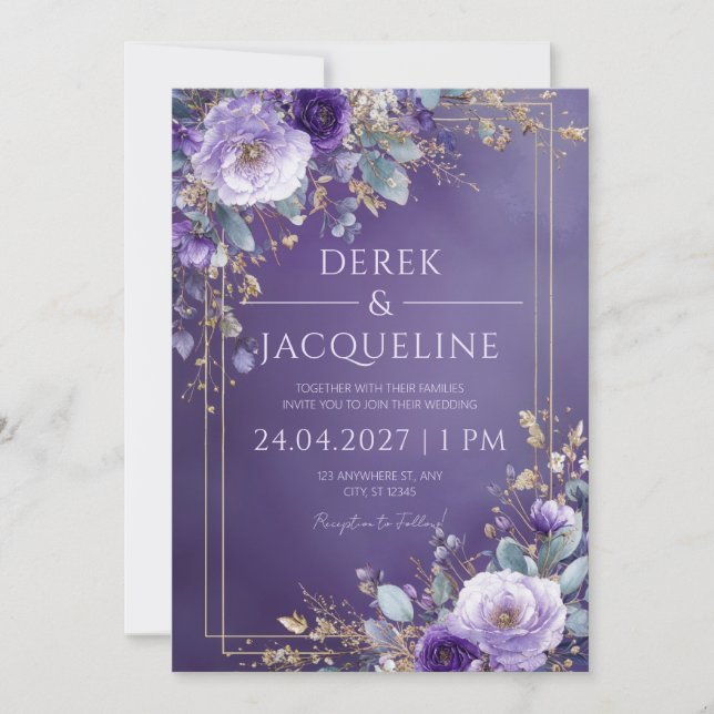 Convites Papel Ouro Roxo Real Lavanda Floral Casamento (Frente)