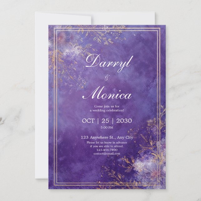 Convites Papel Ouro Roxo Real Texturizado Elegante Casament (Frente)